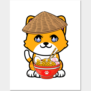 Funny orange cat is eating noodles Posters and Art